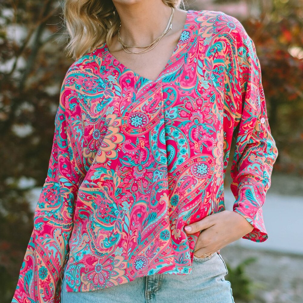 NWOT Vibrant Pink Paisley V-Neck Women's Blouse